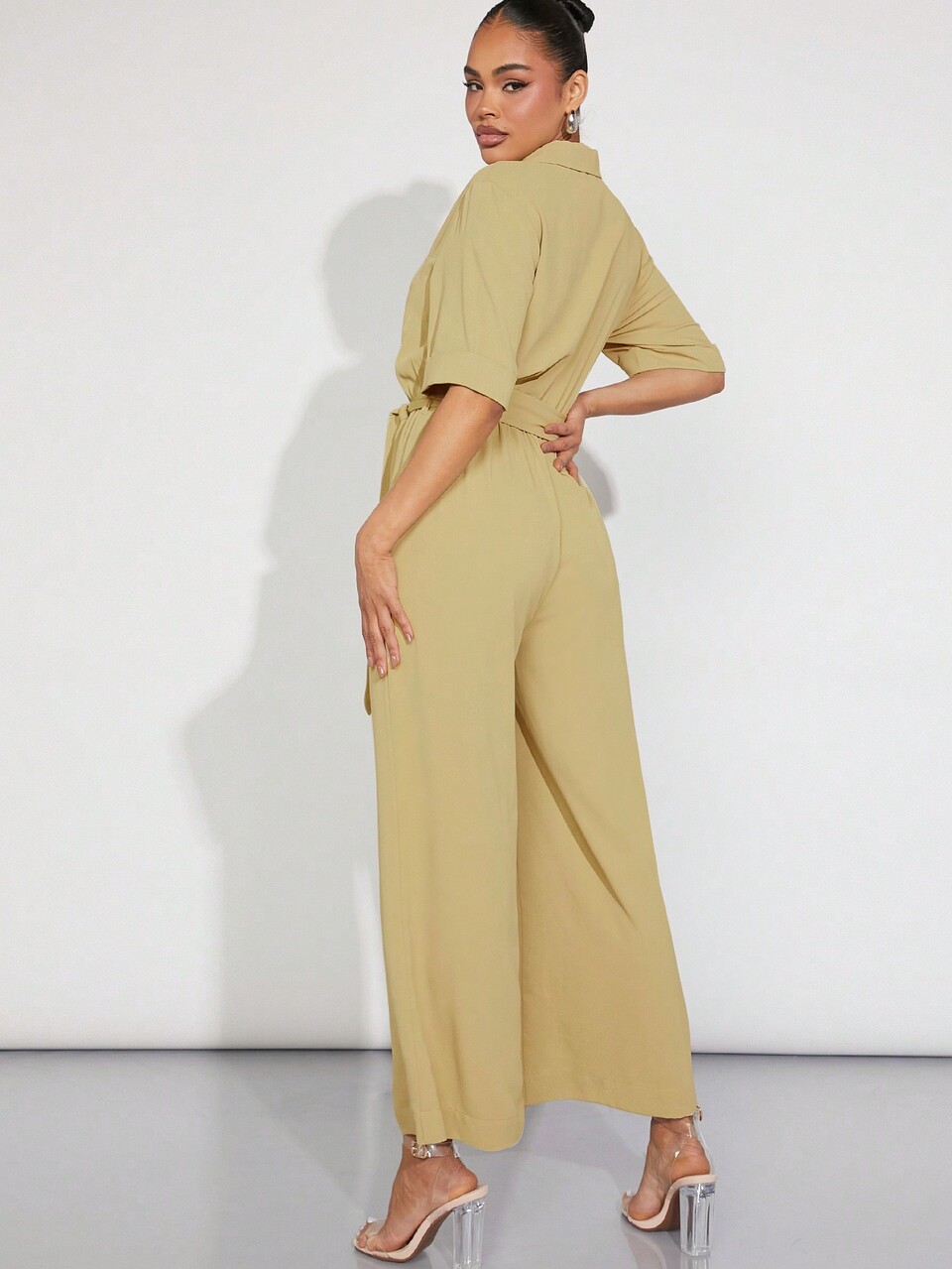 Solid Zip Front Belted Wide Leg Jumpsuit