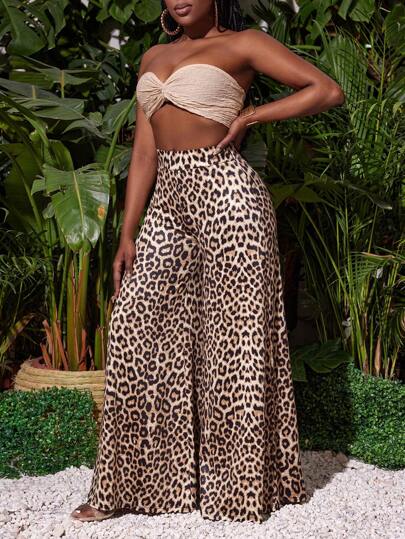 Slaydiva Pantalones anchos casuales y sexys con estampado de leopardo para mujeres en festivales de música
