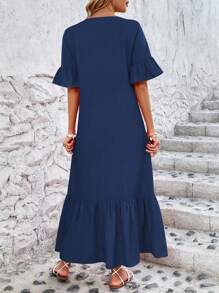 SHEIN LUNE Vacation Style Floral Print Ruffled Short Sleeve Dress - Blue - View 2