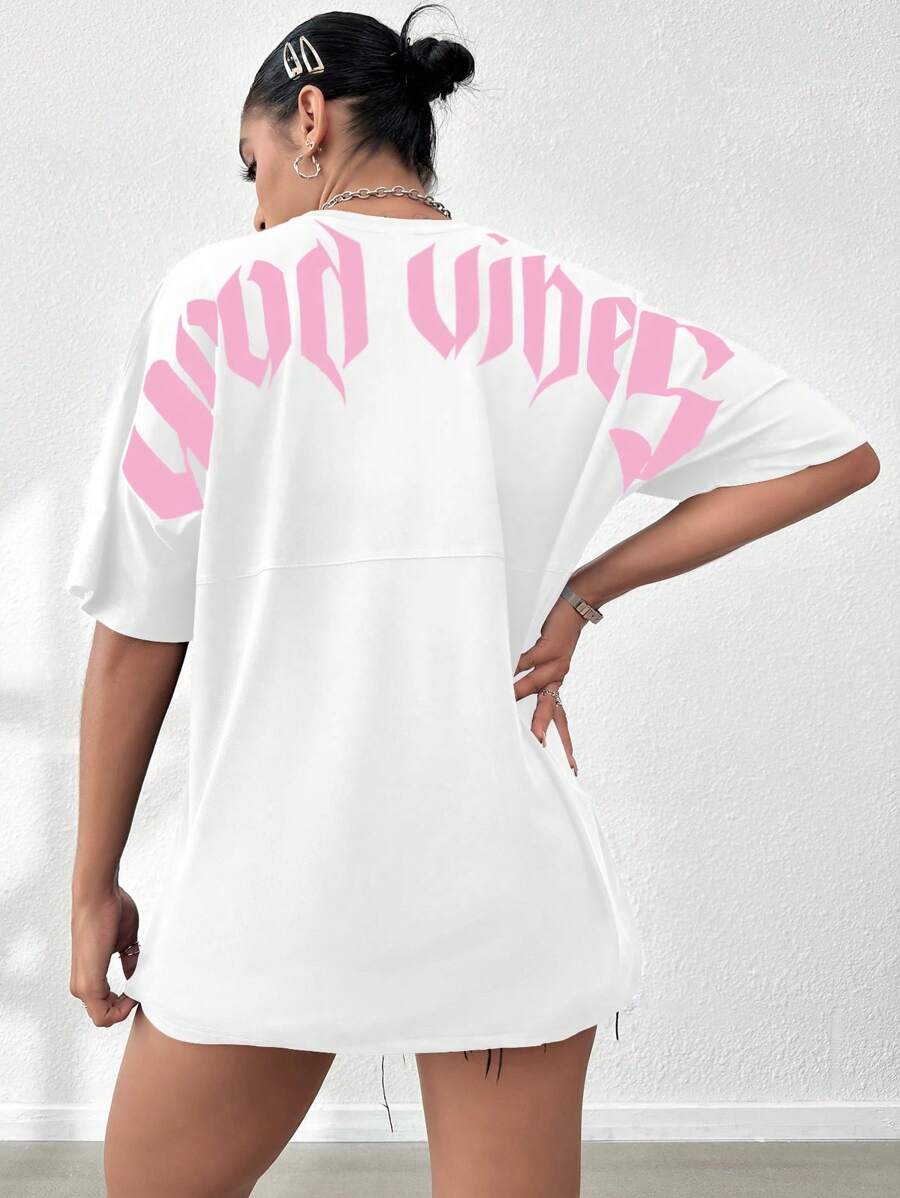 SHEIN Unity 简约字母印花圆领短袖 T 恤图案 T 恤女式上衣 - 白色 - 查看 1