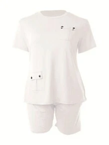 INAWLY Bộ đồ hai mảnh cổ tròn tay ngắn màu trơn thường ngày mùa hè cho nữ cỡ lớn có túi áo phông và quần short - trắng - Xem 3