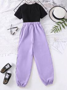 Teen Girl Letter Print Short Sleeve T-Shirt And Pocket Design Long Pants 2pcs/Set - Purple - View 2