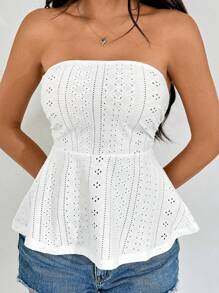 SHEIN EZwear Eyelet Embroidery Solid Ruffle Hem Tube Top - White - View 5