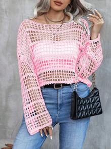 Calvaya Kích thước lớn Của phụ nữ Mùa xuân/Mùa hè Lỏng lẻo phù hợp Xu hướng: Cắt giảm Bất đối xứng Đường viền cổ áo Áo chui đầu Áo len - Hồng - Xem 4