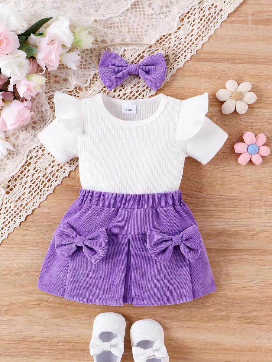 Conjunto de verano para bebé niña con top unicolor de volantes con decoración de lazo y falda plisada - Morado - Ver 1