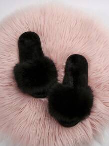 Fall/Winter Fashionable Women's Comfortable And Beautiful Open-Toe Flat Black House Slippers For Spring And Autumn,Fluffy Slippers - Black - View 5