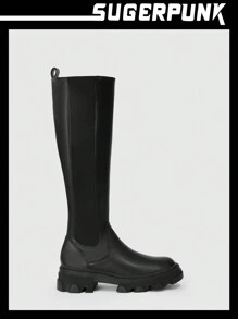 SHEIN X Lucía Bellido Sugerpunk Botines Chelsea de plataforma minimalistas de tacón alto para mujer, de color negro, para vacaciones de verano, rebajas de verano, de vuelta al colegio, para estudiantes universitarias, con estilo Y2K punk, cool, deportivos, para Navidad, otoño y Año Nuevo