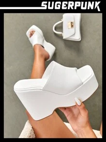Sugerpunk Women Shoes Squar Toe Thick Sole Minimalist Wedge Slide Outdoor White Sandals For Summer Back To School Shoes College Student Shoes Y2k Punk Cool Street Sporty Christmas Fall New Year Holiday Valentines