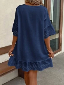 EMERY ROSE Lace Splice V-Neck Lotus Leaf Trim Decor Summer Casual Dress,Summer Dresses For Women - Navy Blue - View 2