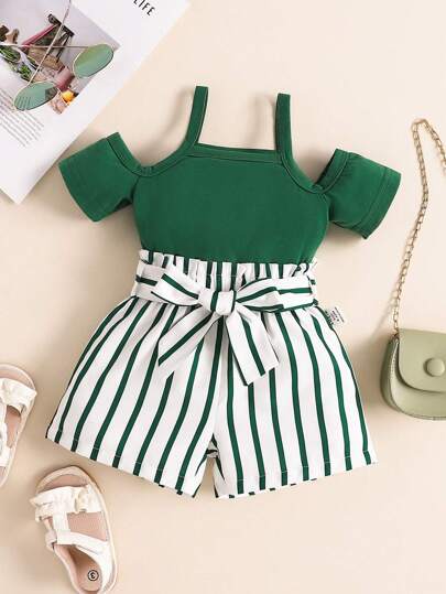 SHEIN 寶貝女孩3入組，日常休閒優雅的綠色背心搭配條紋短褲裝，適用於春夏