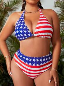 SHEIN Swim Curve Bộ bikini in hình cờ Mỹ mùa hè cỡ lớn cho nữ, ngày 4 tháng 7 - Nhiều màu - Xem 5