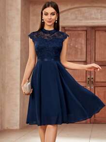 MIUSOL Floral Lace Mock Neck Cap Sleeve Prom Party Swing Dress - Navy Blue - View 1