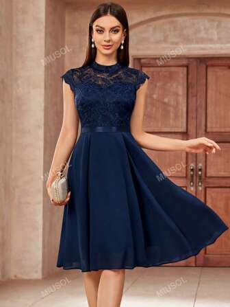 MIUSOL Blumen Spitze Mock Neck Puff Ärmel Abendkleid für Partys und Feiern