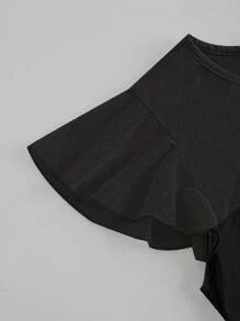 Vintamour Mesh Panel Ruffle Sleeve Round Neck Tee With Tie Summer Clothes Old Money Aesthetic Women Tops Teacher Tops Crew Neck Valentine Day Summer Bow Crop Tops Going Out Tops Women Birthday Outfits For Women Business Casual Woman Valentine's Day Cute Tops Lace Top Tops Valentine Day Summer Outfits For Women