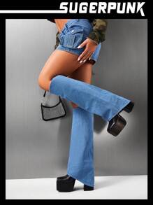 Sugerpunk Women Slip On Square Toe Platform Classic Boots, Fashionable Outdoor Denim Boots