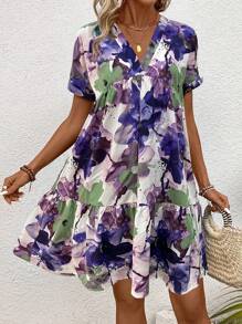 SHEIN LUNE Summer Floral Print Short Sleeve Vacation Dress - Multicolor - View 4