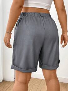 Flirla Kích thước lớn Của phụ nữ Mùa hè Màu thuần Xếp li Giải trí Quần short - Xám - Xem 2