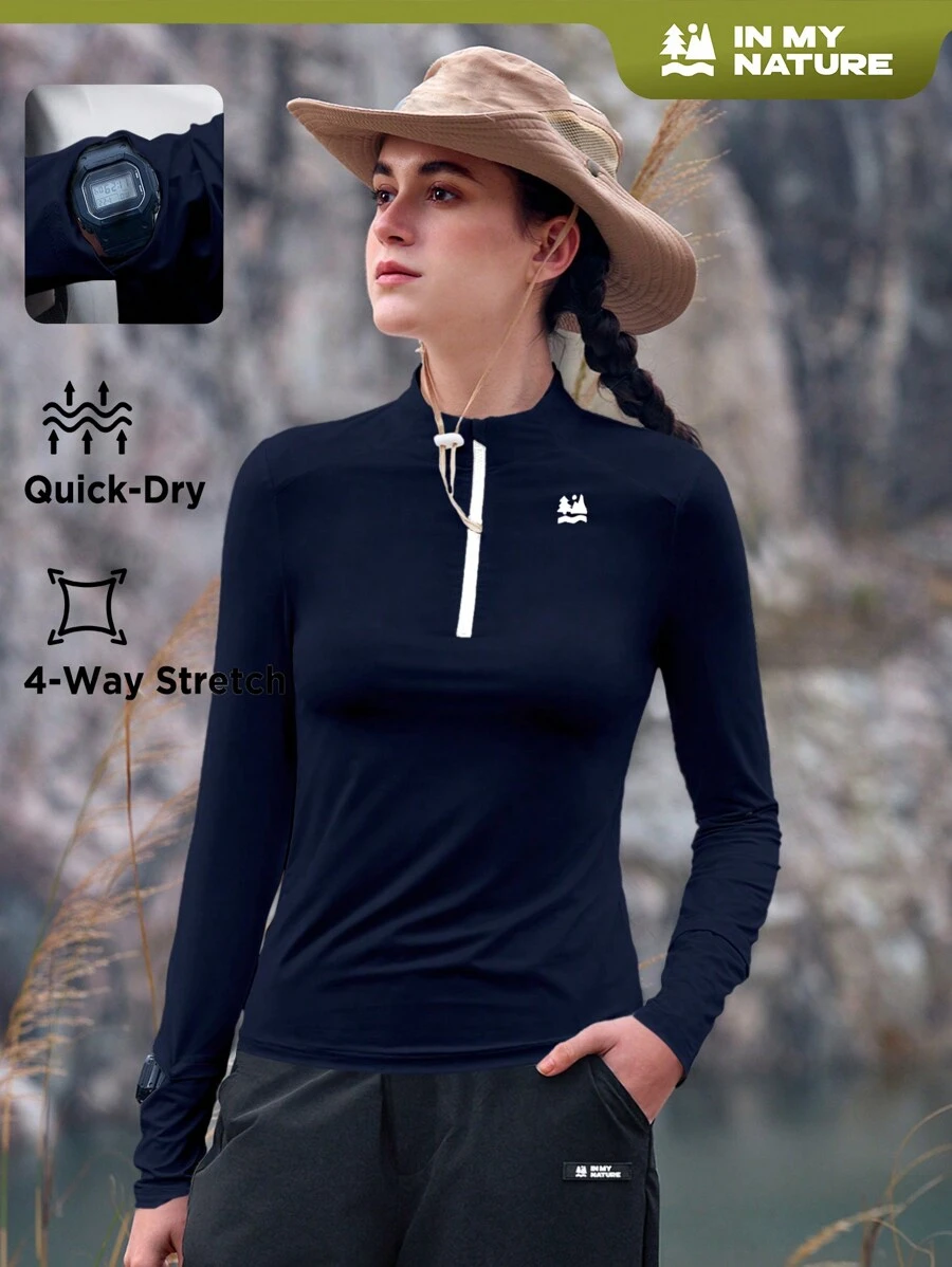 In My Nature Của phụ nữ Chống nắng Tay áo dài Áo Với Dây kéo nửa Khép kín - Màu xanh hải quân - Xem 1