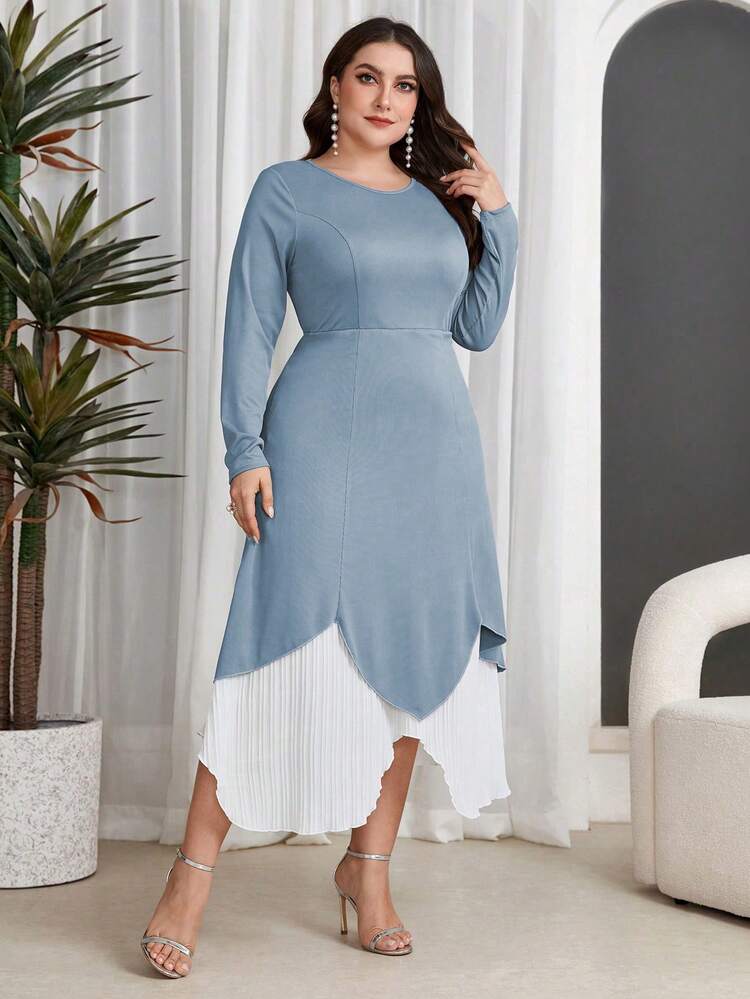 Plus Size Color Block Round Neck Elegant Asymmetric Hem Midi Dress