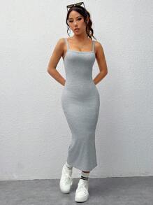 SHEIN EZwear Vestido camisero de color sólido con abertura en la espalda y dobladillo partido