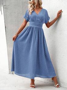 SHEIN LUNE 假期實色細節腰收長裙 - 藍色 - 查看 6