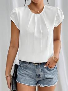 SHEIN PETITE Blusa de manga corta con manga de pétalos de color sólido y cuello redondo - Blanco - Ver 7