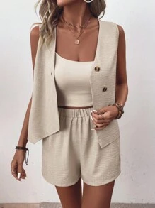 EMERY ROSE Của phụ nữ Màu thuần Nút Trang trí Cổ chữ V Không tay Áo ba lỗ Quần short Bộ - trắng - Xem 3