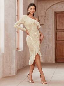 SHEIN Belle Vestido De Cóctel Bordado Con Borde De Volante Y Brillo Para El Verano - Albaricoque - Ver 6