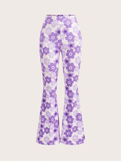 Girlism TWEEN GIRL Purple Floral Print Casual Flare Pants, Fitted Academy Style