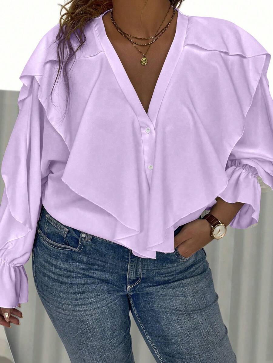 Calvaya Ladies' Plus Size Purple V-neck Blouse - Mauve Purple - View 1