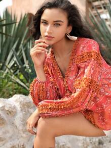 Anewsta Women's Vacation Style Lantern Sleeve Shirt With Frill Trim And Paisley Print For Spring/Summer - Khaki - View 1