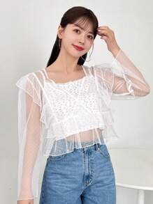 FRIFUL 女款v領荷葉邊透視時尚上衣,適合多種穿搭風格 - 白色 - 查看 1