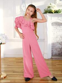 SHEIN Mono de verano para niñas preadolescentes con mangas de volantes de doble capa, alhajas de flores 3D y diseño de piernas anchas - Rosado Sandía - Ver 3