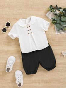 SHEIN Baby Boys' Peter Pan Collar Decor Buttoned Top And Solid Color Shorts 2pcs Set Suitable For Summer