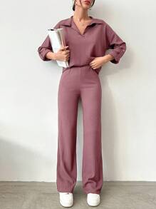 EURMUSE Ladies' Turn-Down Collar Casual Rolled Sleeve Spring/Summer Top And Pants Two Piece Set - Dusty Pink - View 4