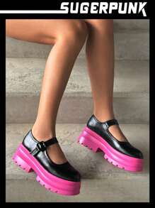 Sugerpunk 龐克黑色瑪麗珍鞋適合女士,搭扣裝飾防水台鞋 - 黑色 - 查看 3