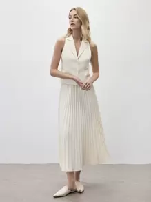 BizChic Women's Apricot Sleeveless Collared Top And White Pleated Mid-Length Skirt Set, Urban Commute Business Casual Formal Elegant Outfit In Fall/Winter