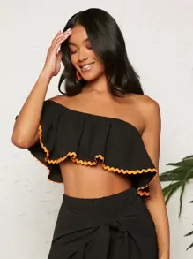 SHEIN VCAY 女士假日露肩短上衣,褶皺和花邊裝飾 - 黑色 - 查看 6
