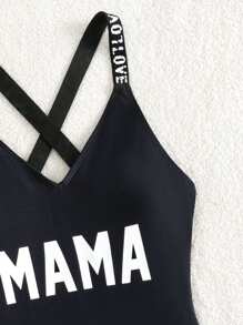 SHEIN Swim Traje de baño de una sola pieza con gráfico de carta y cruzado en la espalda para mamá y yo, conjunto de trajes a juego (se venden 2 piezas por separado), verano en la playa. - Negro - Ver 3