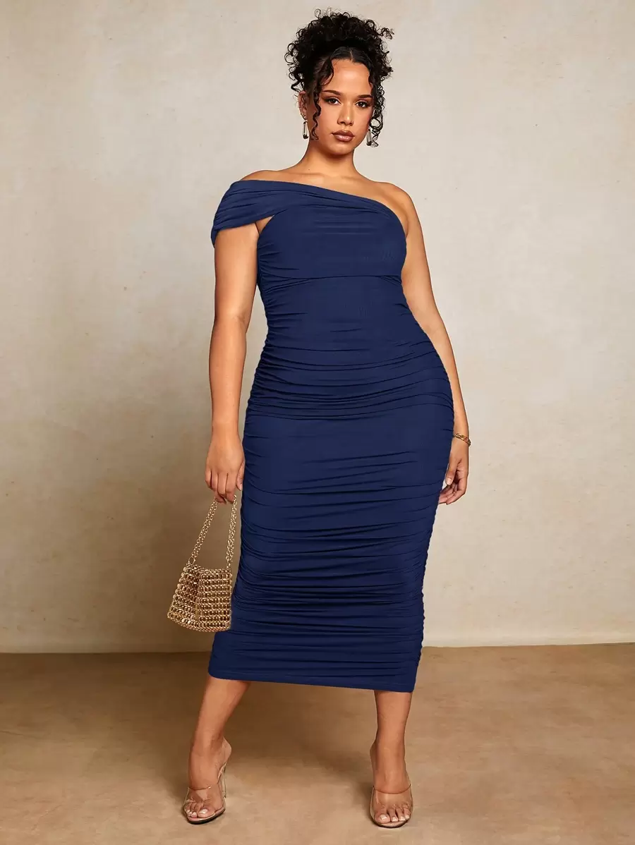SHEIN BAE Váy bodycon xếp ly trơn màu cỡ lớn mùa hè - Màu xanh hải quân - Xem 1