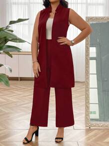SHEIN Clasi Kích thước lớn Màu thuần Không tay Thời trang Bộ đồ Áo khoác Và Quần Bộ - Màu Đỏ Sâu - Xem 6