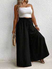 SHEIN LUNE Plus Size Solid Color High-Waist Wide Leg Pants With Paperbag Waist, Summer