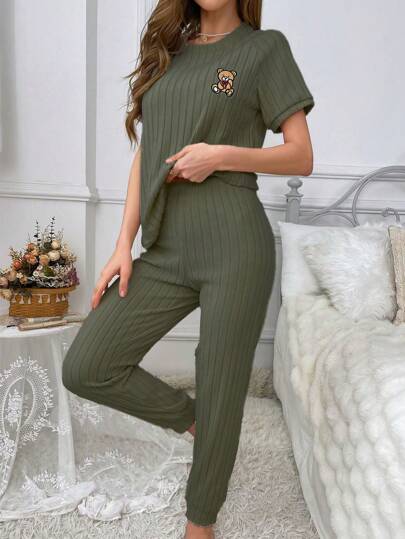 Women's Spring/Summer Short Sleeve Bear Embroidery Top And Long Pants Loungewear Set Outfit