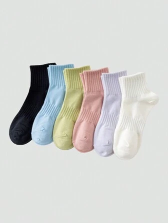 Kawaii 6pairs/Set Women's Solid Color Short Socks For Spring And Summer, Simple Athletic And Casual Style