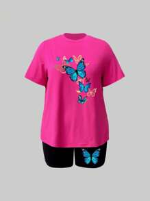 Maweii Plus Size Women's Butterfly Print Round Neck Short Sleeve Casual T-Shirt And Shorts Set For Summer - Multicolor - View 3