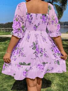 Flirla Plus Size Elegant Vacation Summer Boho Dress With Flower Print Vacation Beach Outfits Women - Mauve Purple - View 2