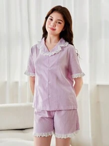 Teen Girl Simple Solid Purple Short Sleeve Cardigan With White Lace Trimmed Shorts, Casual Loose 2pcs Homewear Set - Multicolor - View 5