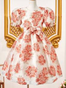SHEIN Tween Girls' European Style Vintage Heavy Duty Party Elegant Princess Dress With Floral Print - Pink - View 1