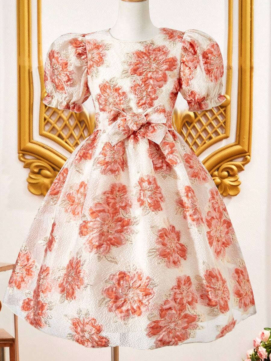 SHEIN Tween Girls' European Style Vintage Heavy Duty Party Elegant Princess Dress With Floral Print - Pink - View 1