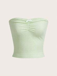 SHEIN EZwear 夏季休閒格子印花緊身無肩帶胸前褶皺管型上衣 - 綠色 - 查看 1